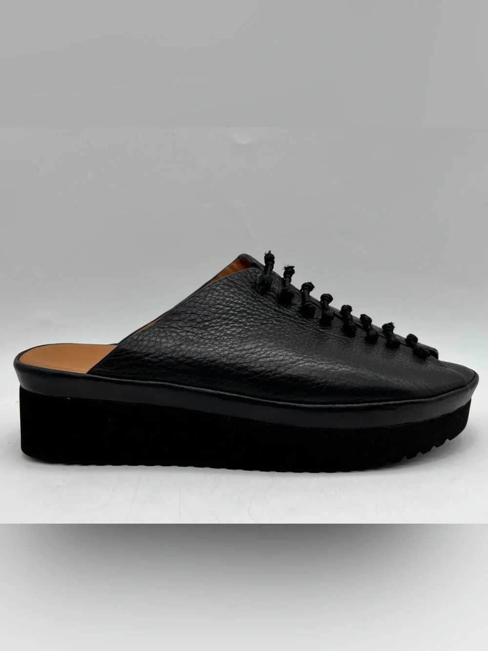 L’Amour Des Pieds Arienne Black Leather Lace-Up Wedge Mules Size 7